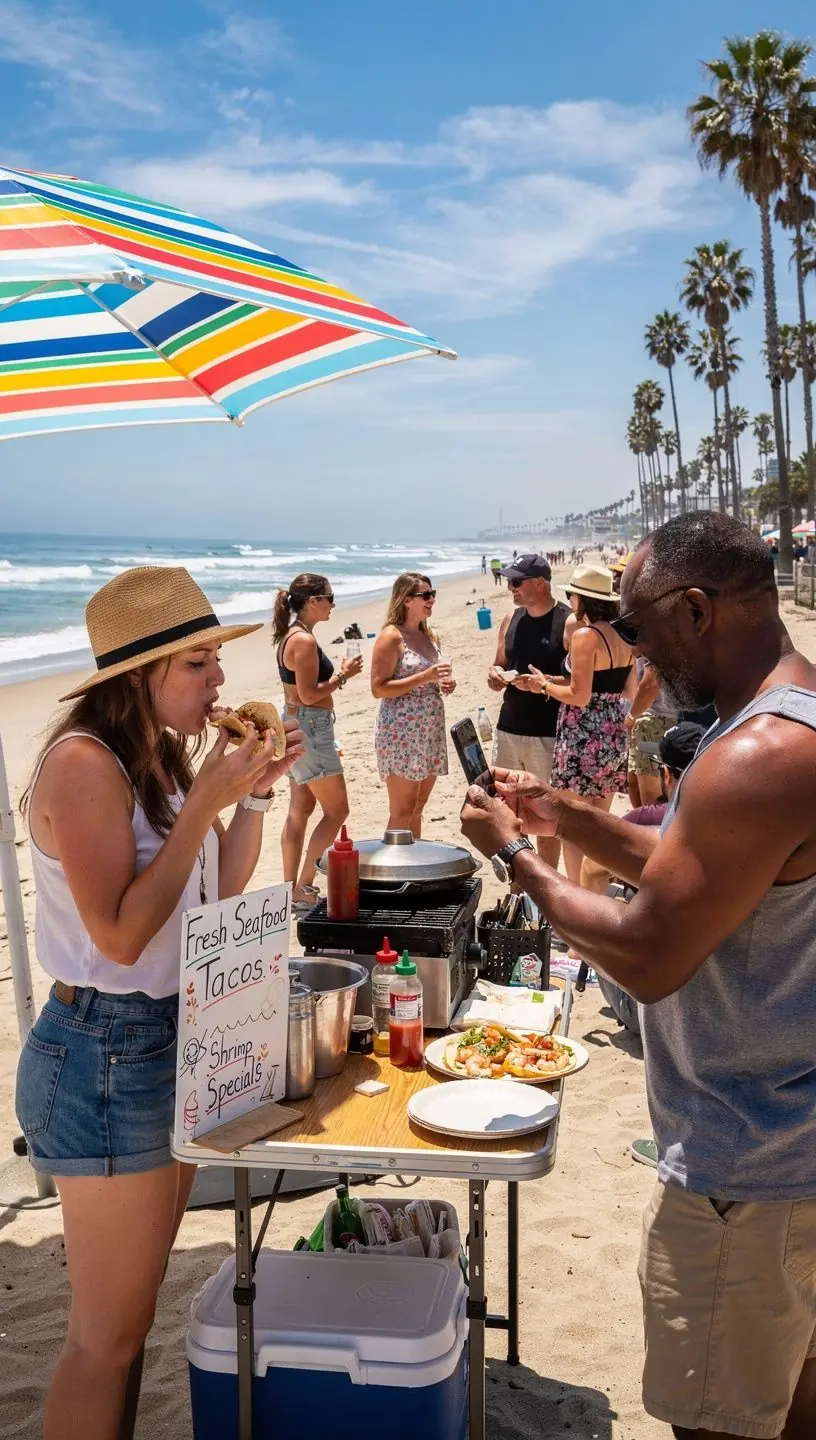Сцена с местными жителями, обсуждающими продукты на рынке.