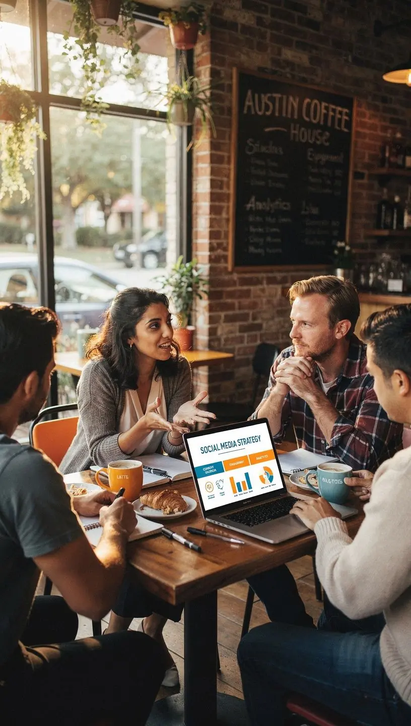 Студенты, работающие над проектом в команде, обсуждая стратегии продвижения.